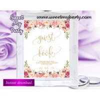 Floral gold Wedding Guest Book Sign,Wedding signs,(057w)